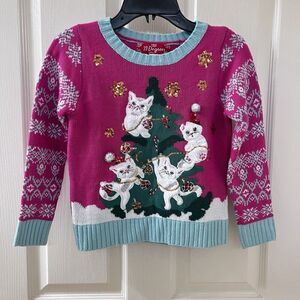 33 Degrees Cats in Christmas Tree Ugly Christmas Sweater Pink Girls Size XS 6/6X